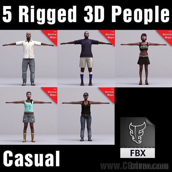 CASUAL PEOPLE- 5 RIGGED 3D FBX MODELS (MeCaFBX006b)